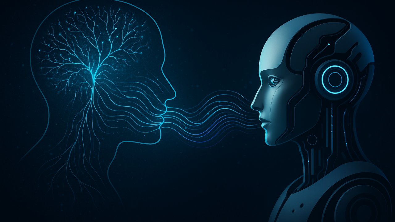 A human silhouette with a glowing neural tree on the left, connected by flowing light streams to an AI robot profile on the right, illustrating augmented intelligence