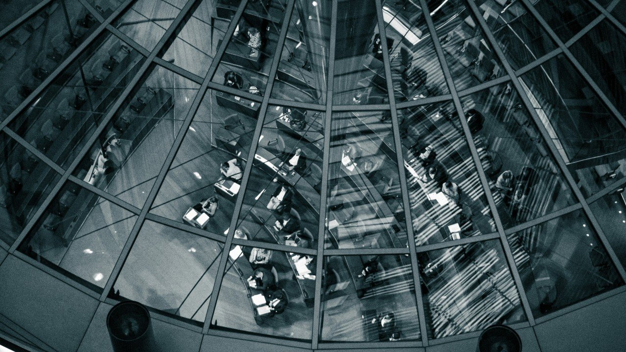 Looking up through the glass dome of the Reichstag in Berlin, where citizens can look down on parliament below