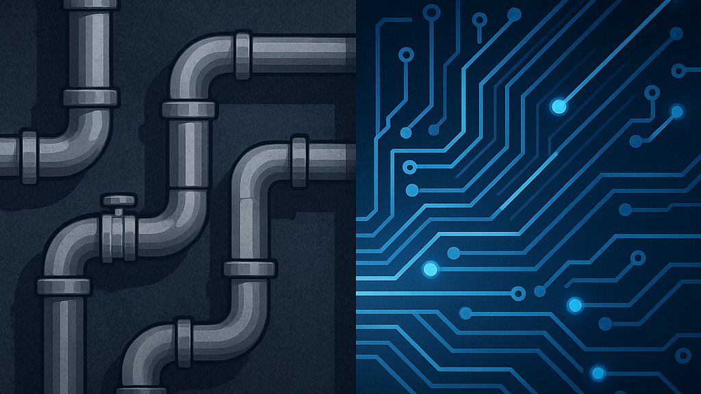 A split illustration with industrial plumbing pipes on the left and a glowing circuit board on the right, representing the shift from operator to growth architect