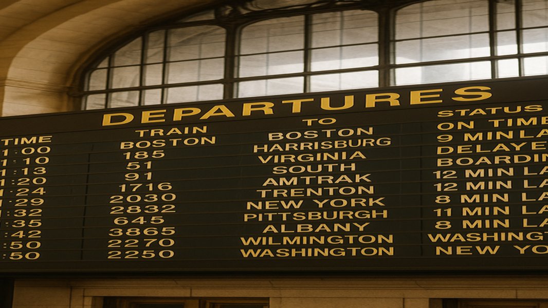 A vintage railway station departure board listing trains, times, and destinations, a traditional roadmap-style view of planned movement
