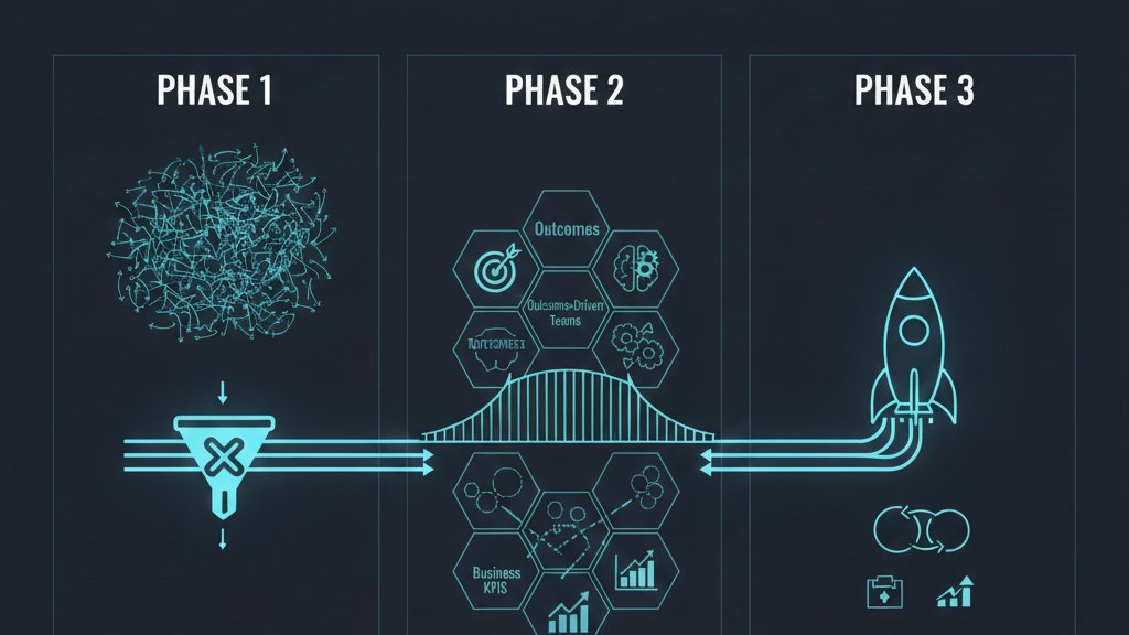 A three-panel diagram showing Phase 1 (chaos funneling down), Phase 2 (outcome-driven teams working in the middle), and Phase 3 (a rocket launching forward)